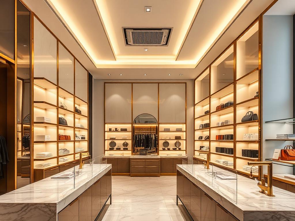 Luxury boutique retail interior with gold fixtures