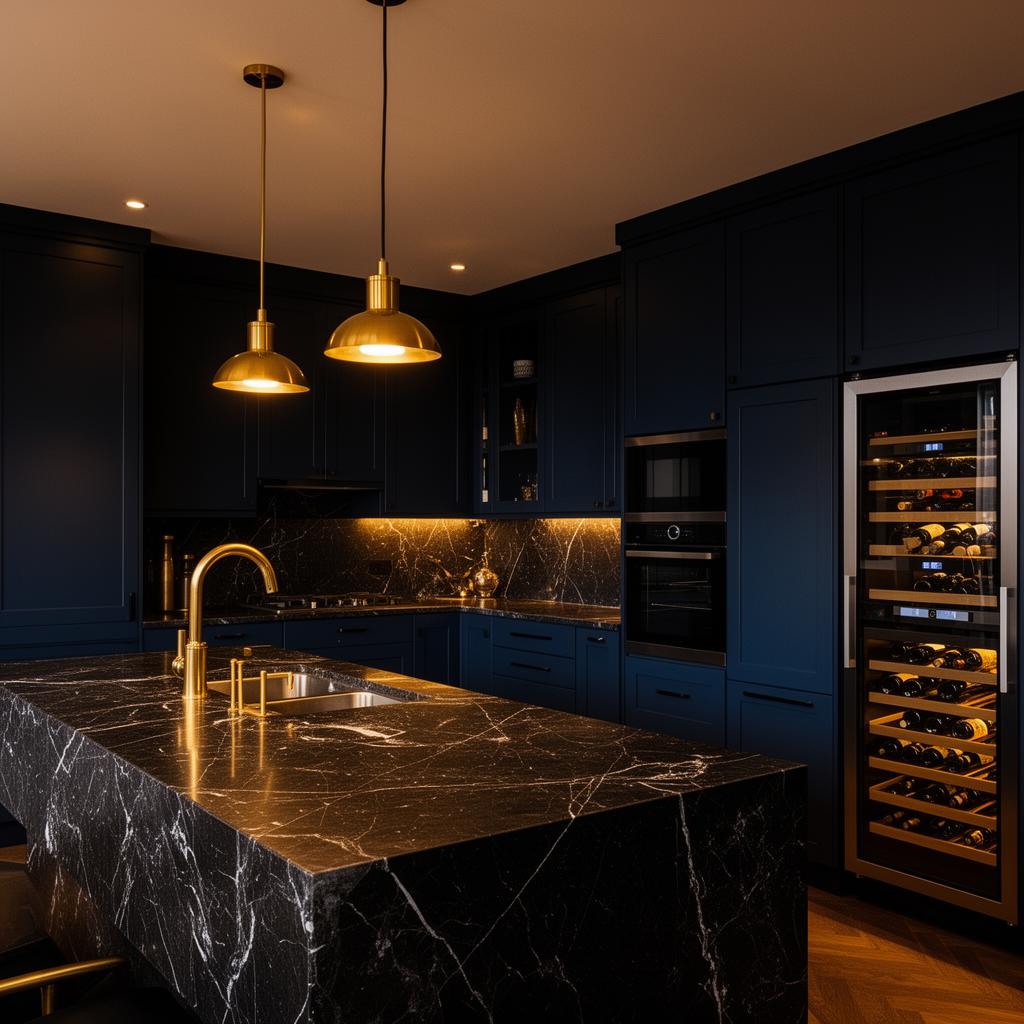 Luxury kitchen with dark marble and brass fixtures