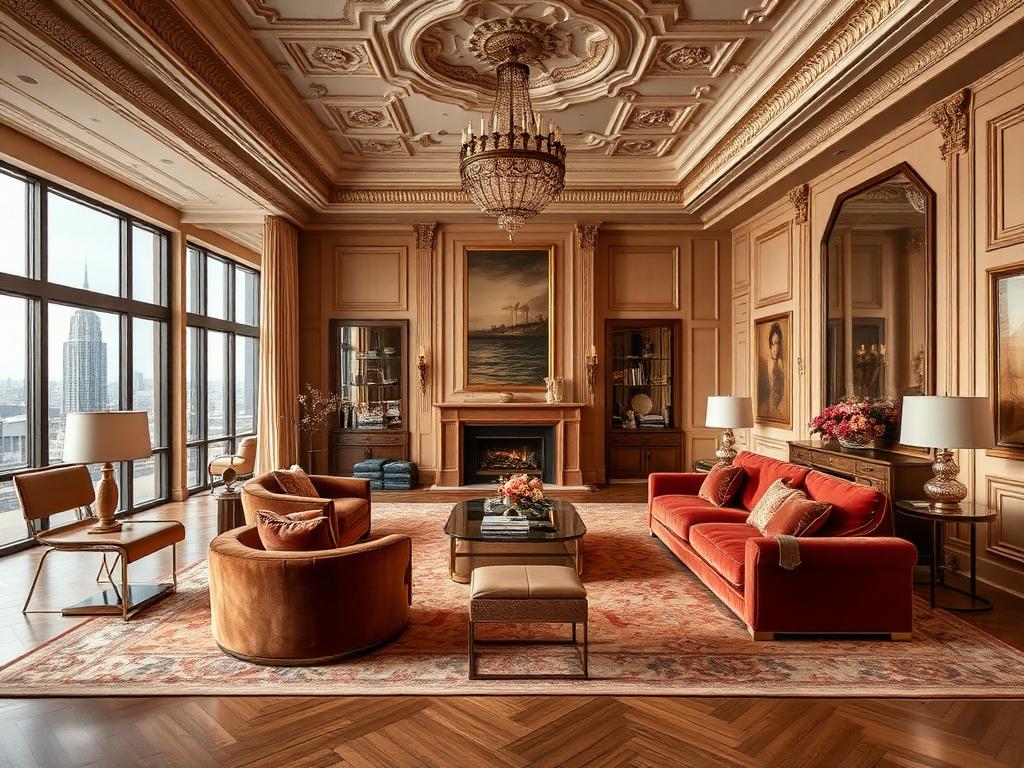 Luxury residential living room with ornate ceiling and designer furniture