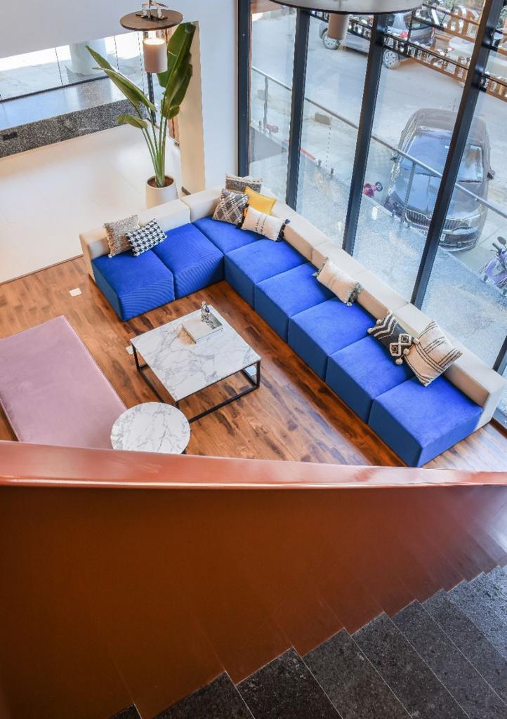 Venus Community Seating — Aerial view of blue sectional lounge